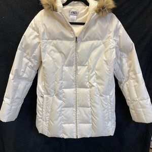 White Puffer Jacket with Faux Fur Hood
